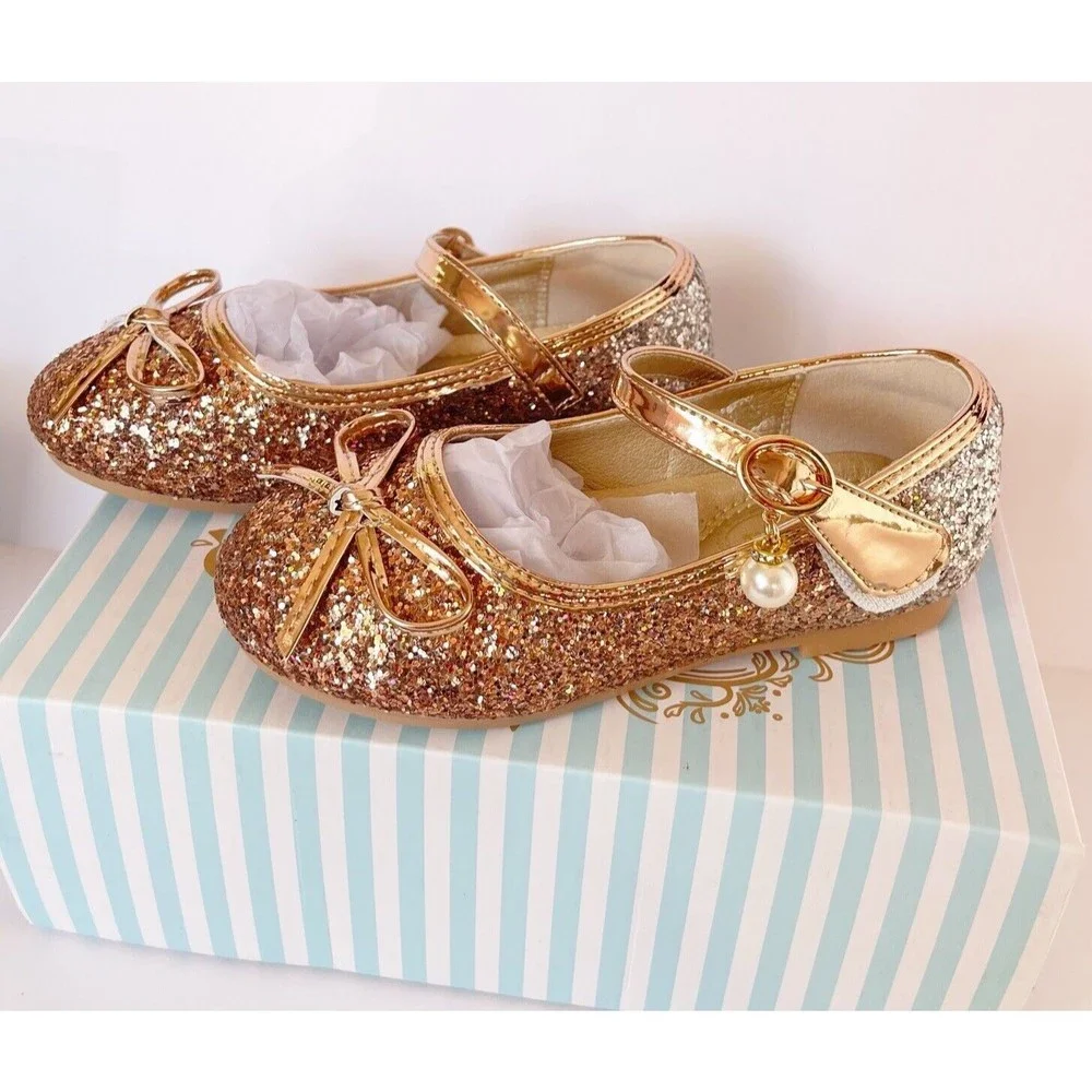 Girls Kids Flat Dress Shoes Size 9 Golden Shiny Princess Wedding Party Beaded
